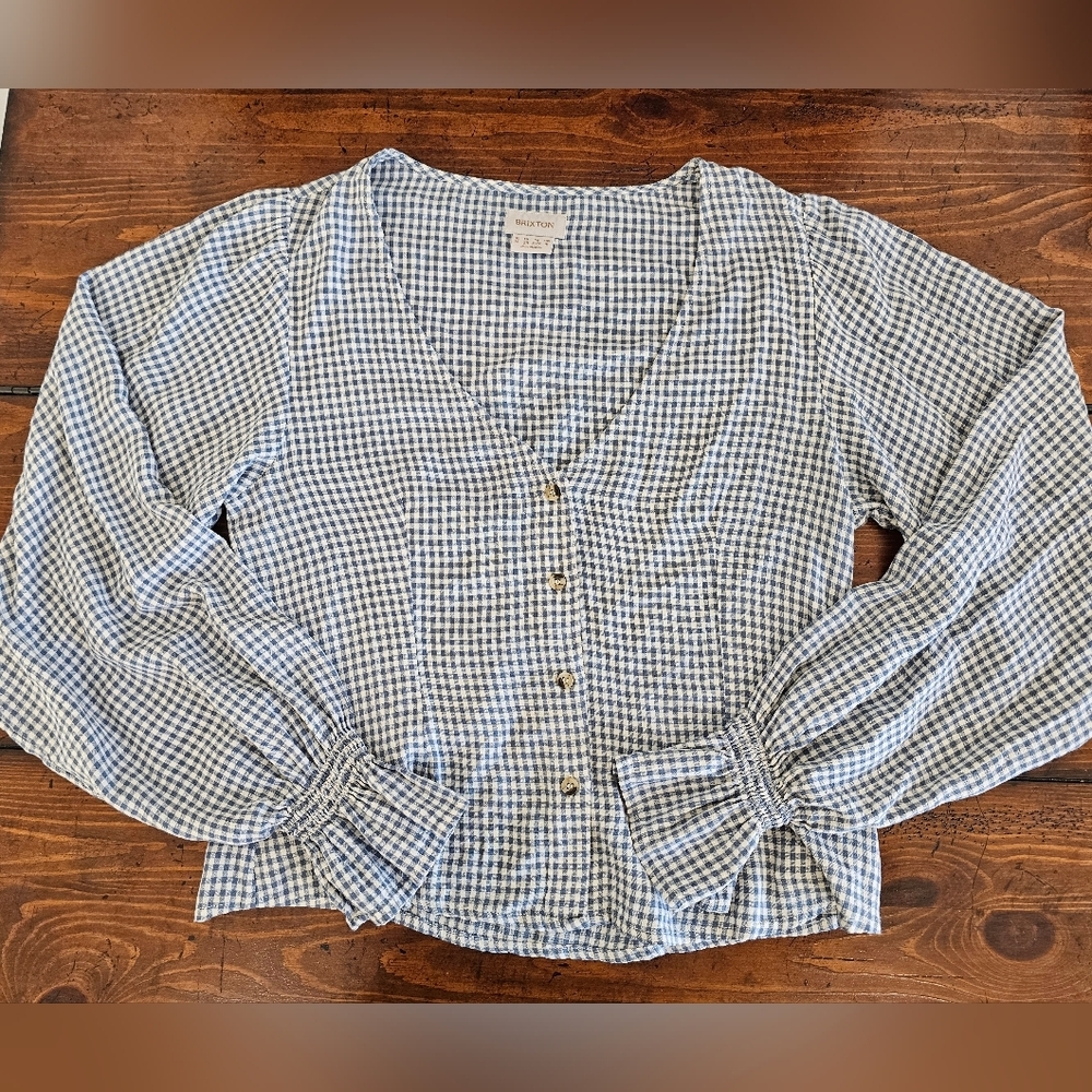 Brixton Gingham Blue/white V-Neck Blouse Vintage Look Women's Sz Medium NWT